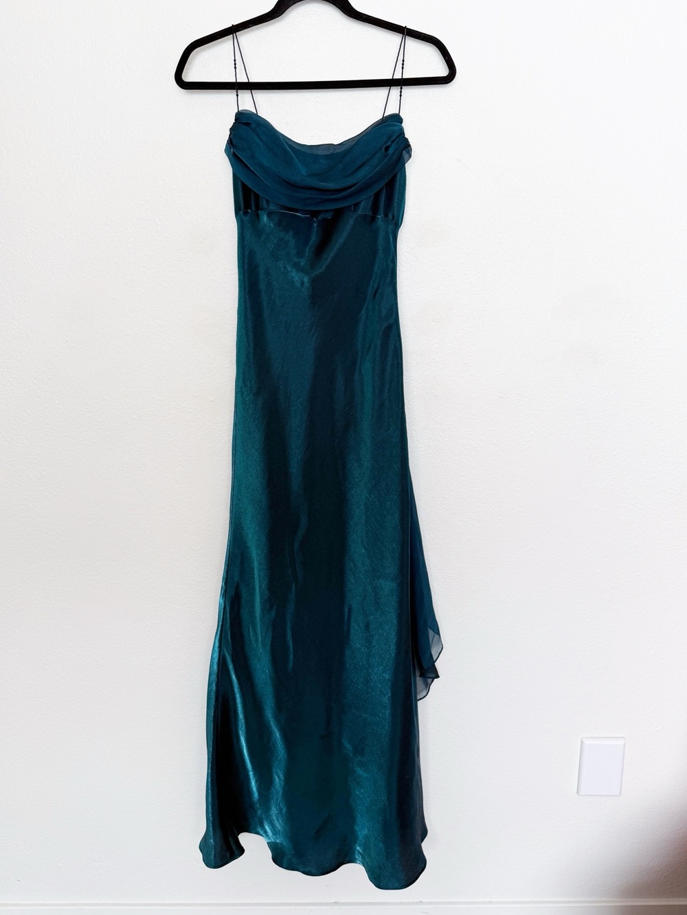 Y2K Dark Teal Satin Cowl Neck Midi Dress Beaded Strap Formal - Picture 2 of 13